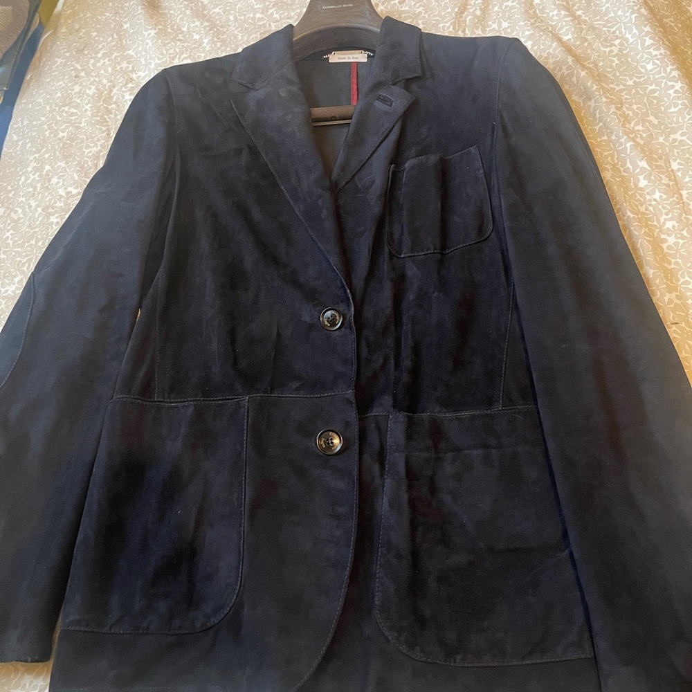 Ermenegildo Zegna Navy Swede African goat leather blazer Functional buttonholes